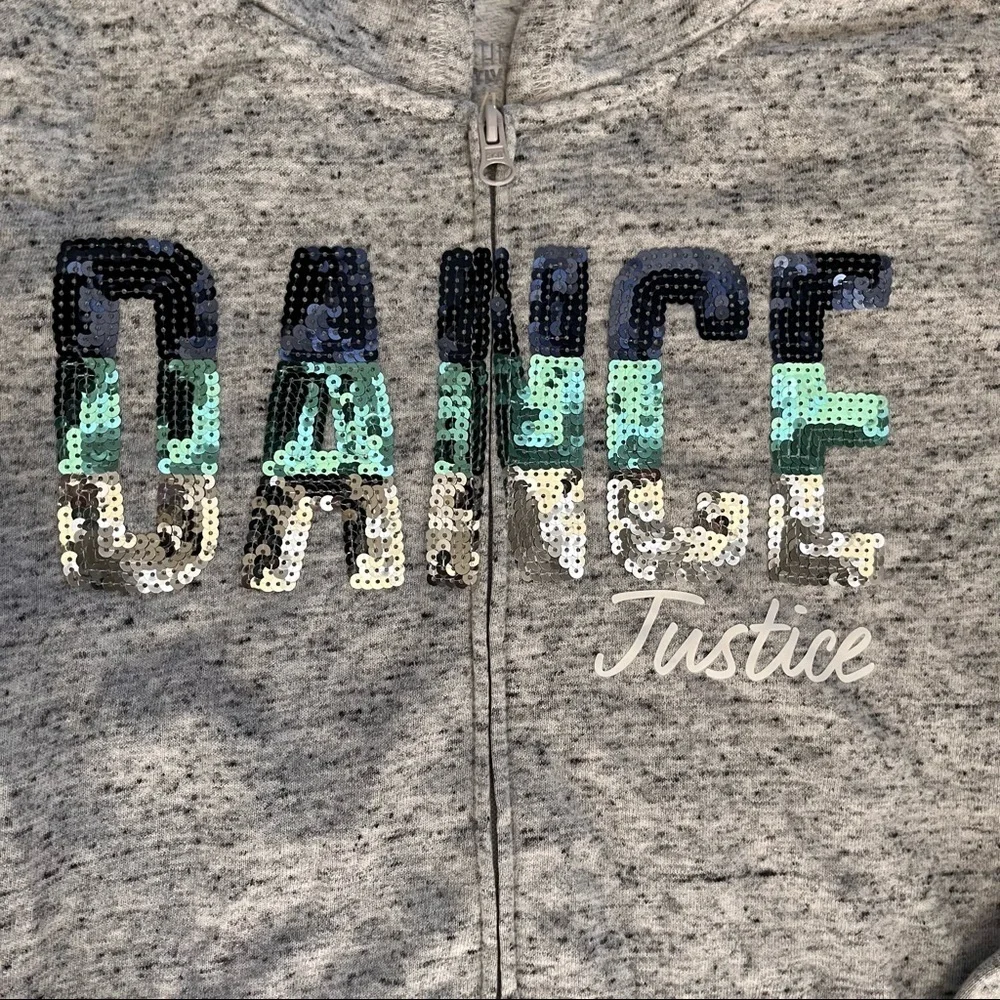 Justice active girl gray hoodie w/ sequin blue silver dance theme Sz 12/14
